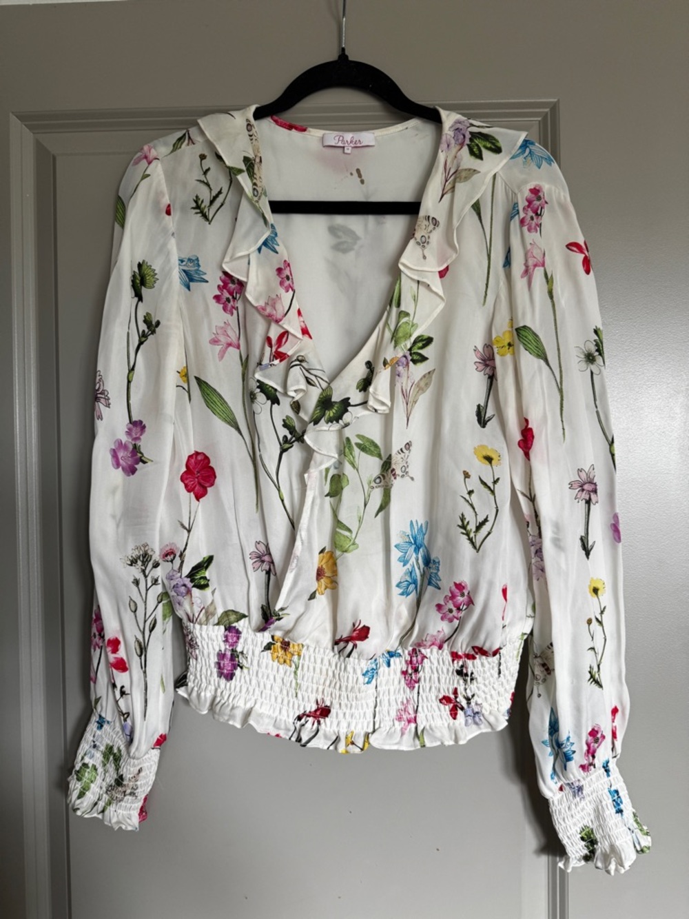 Parker White Floral Ruffle V-Neck Blouse